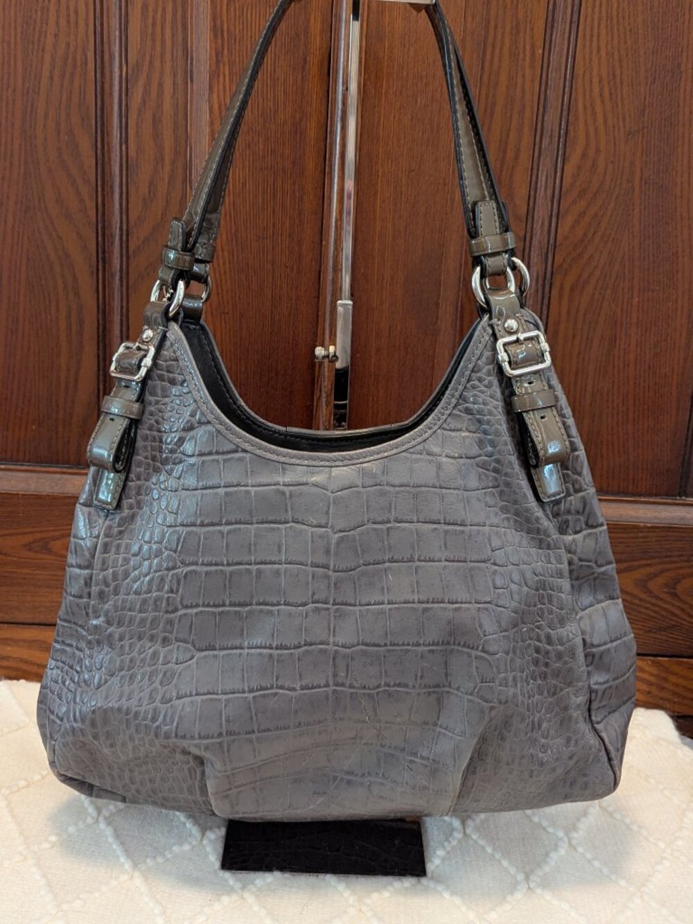 Coach Madison Maggie Shoulder Bag Croc Embossed Grey Leather - Picture 3 of 14